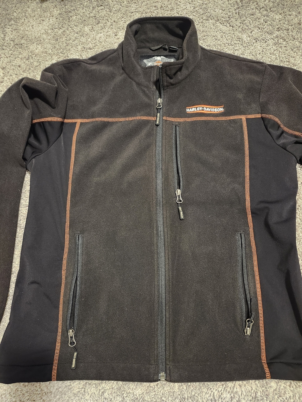 Harley-Davidson Men’s Large Full Zip Fleece Jacket Black Orange Motorcycle 2015